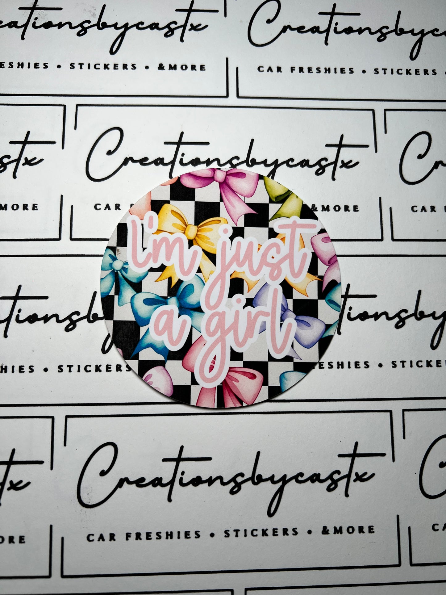 Just A Girl Checkered Bow Round Cardstock Individual