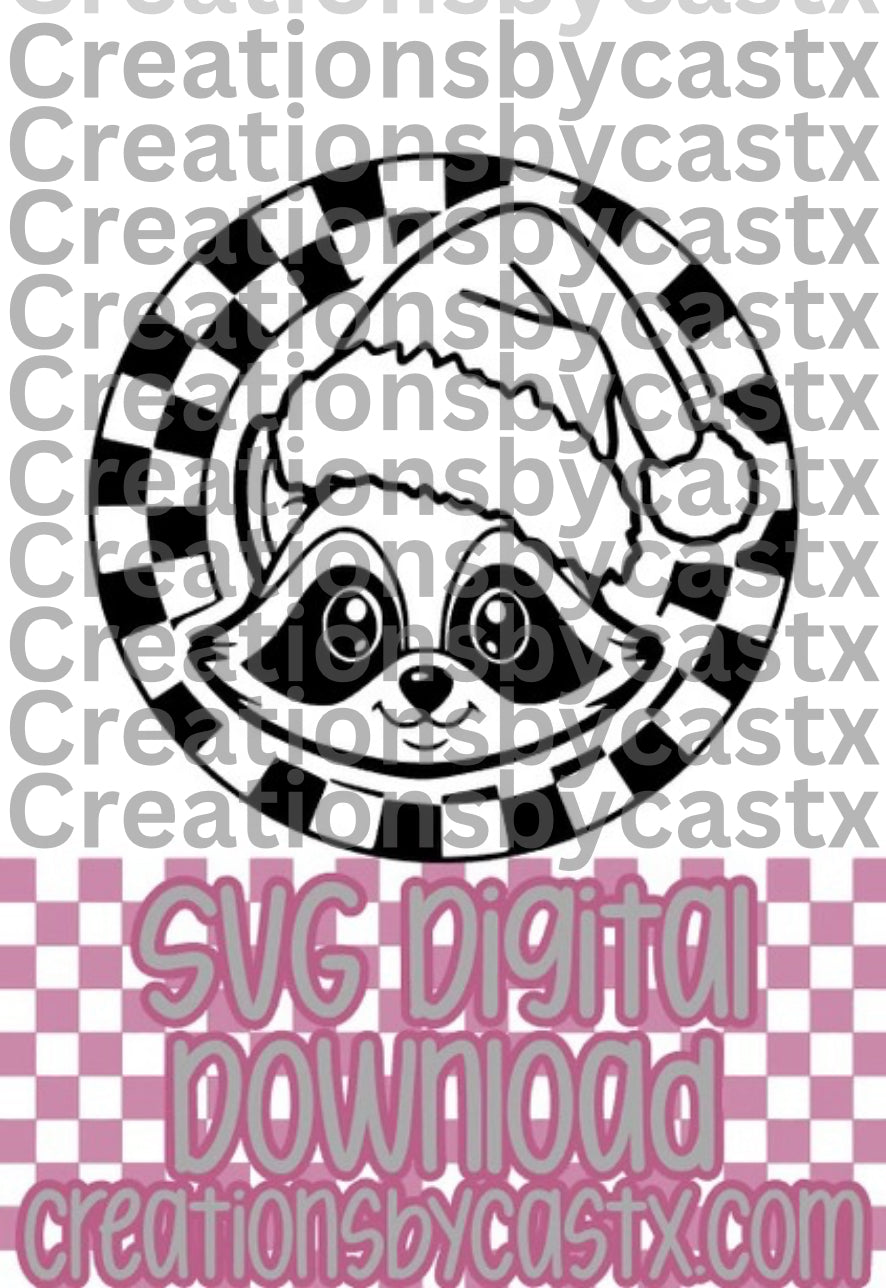 Raccoon Santa Hat Checkered Circle SVG