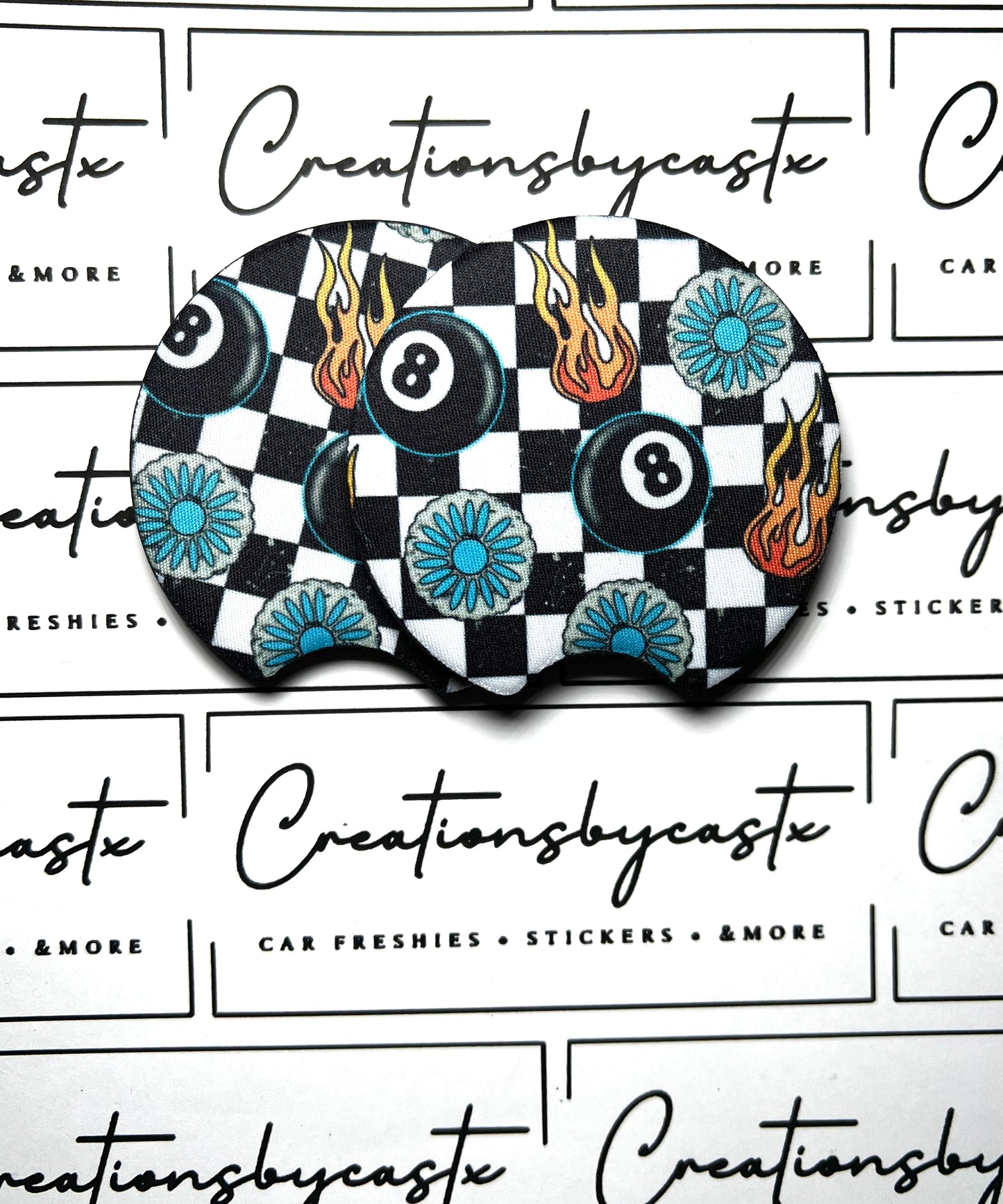 Checkered Concho Flames Car Coasters