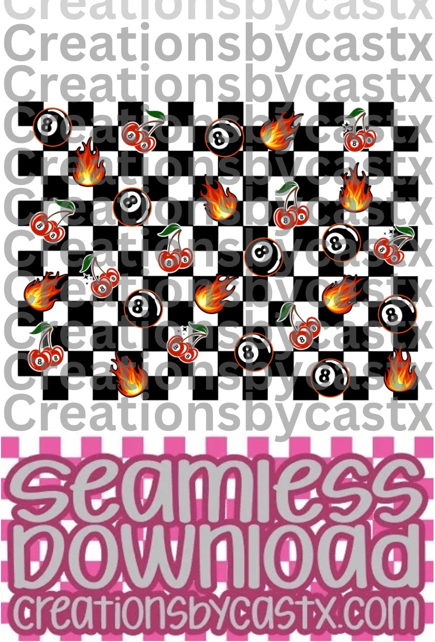 Checkered 8 Ball Flame Cherries Seamless