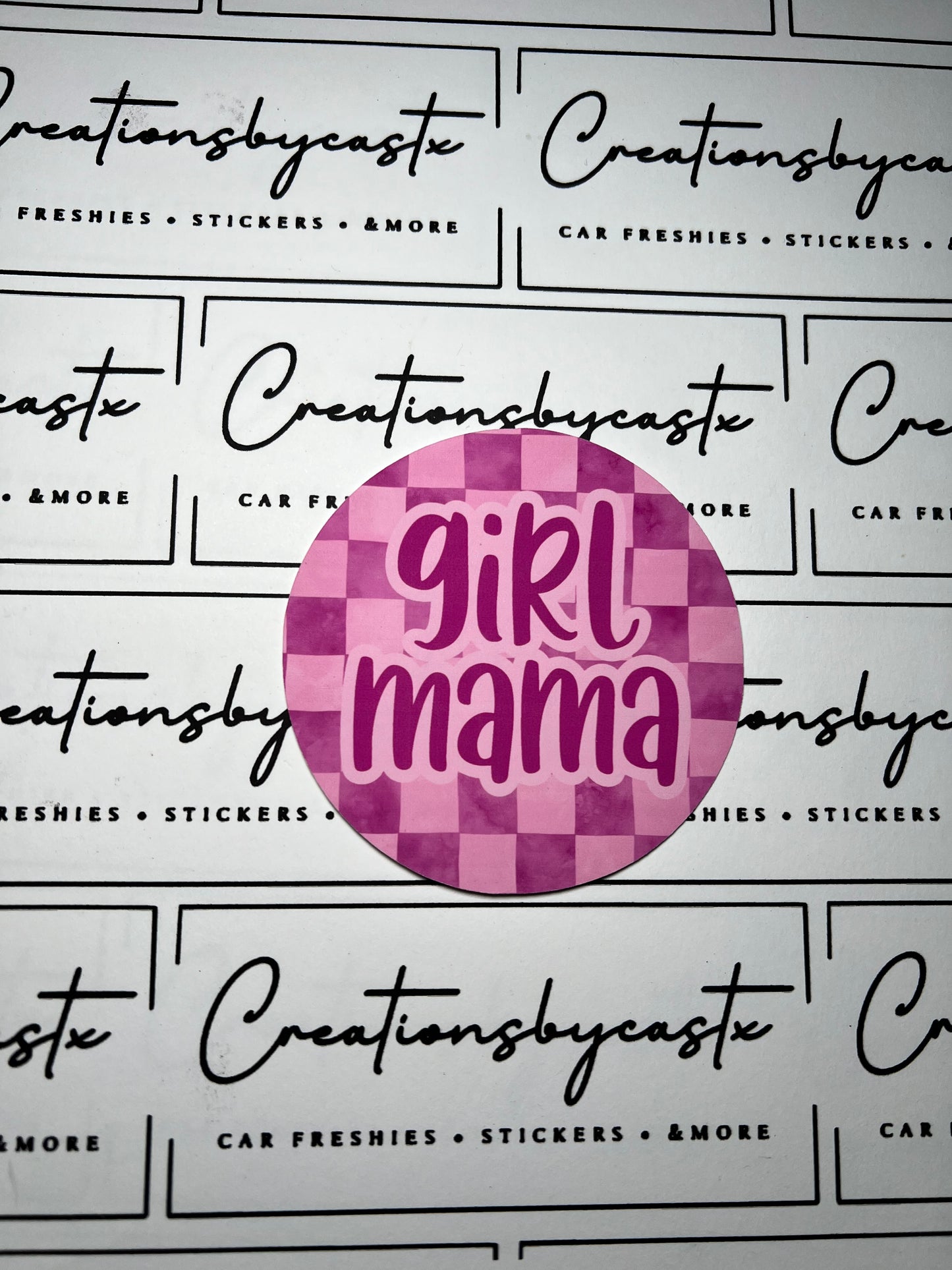 Girl Mama Pink Checkered Round Cardstock Individual