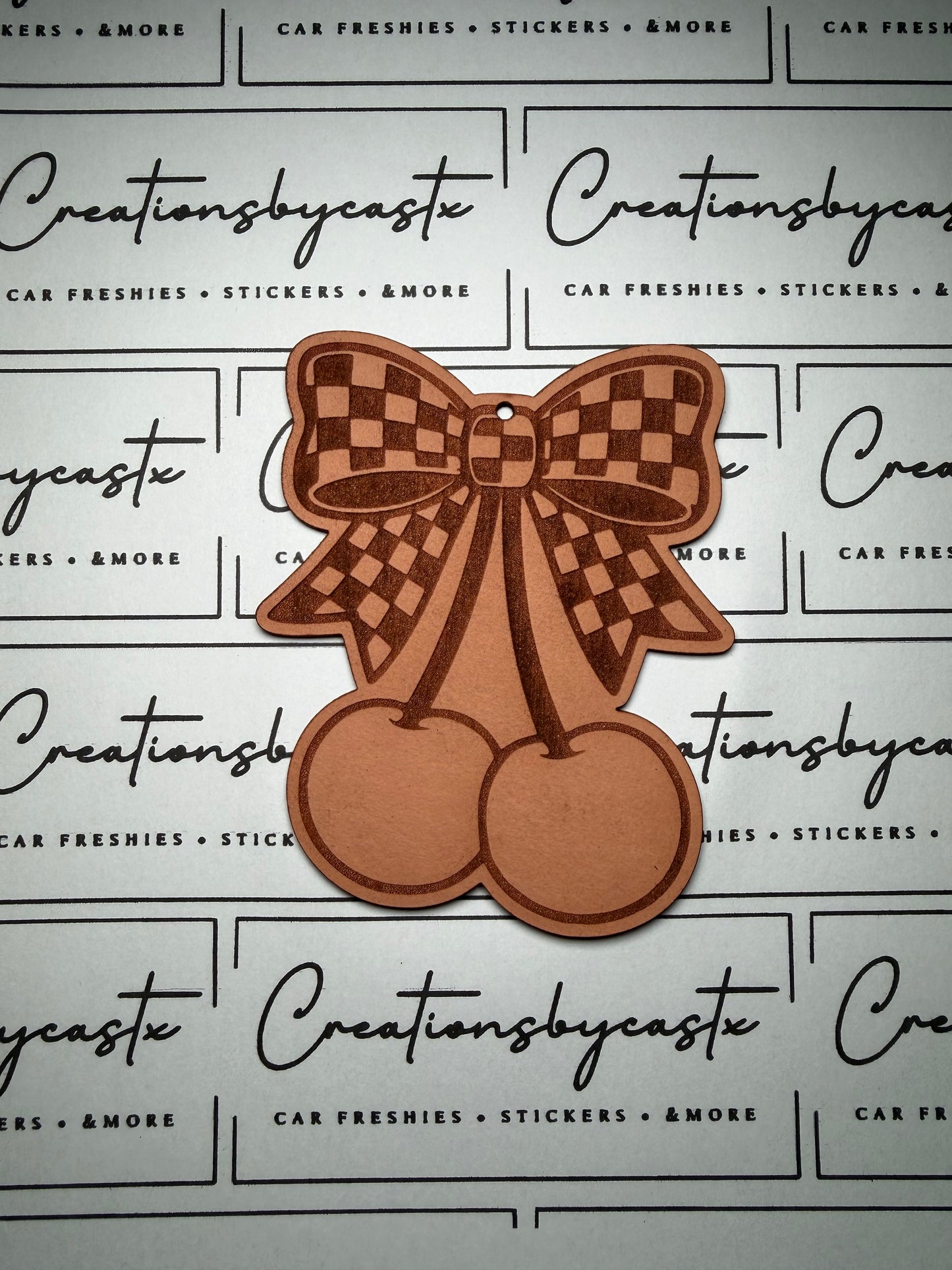 Checkered Bow Cherries Unscented Leather Freshie