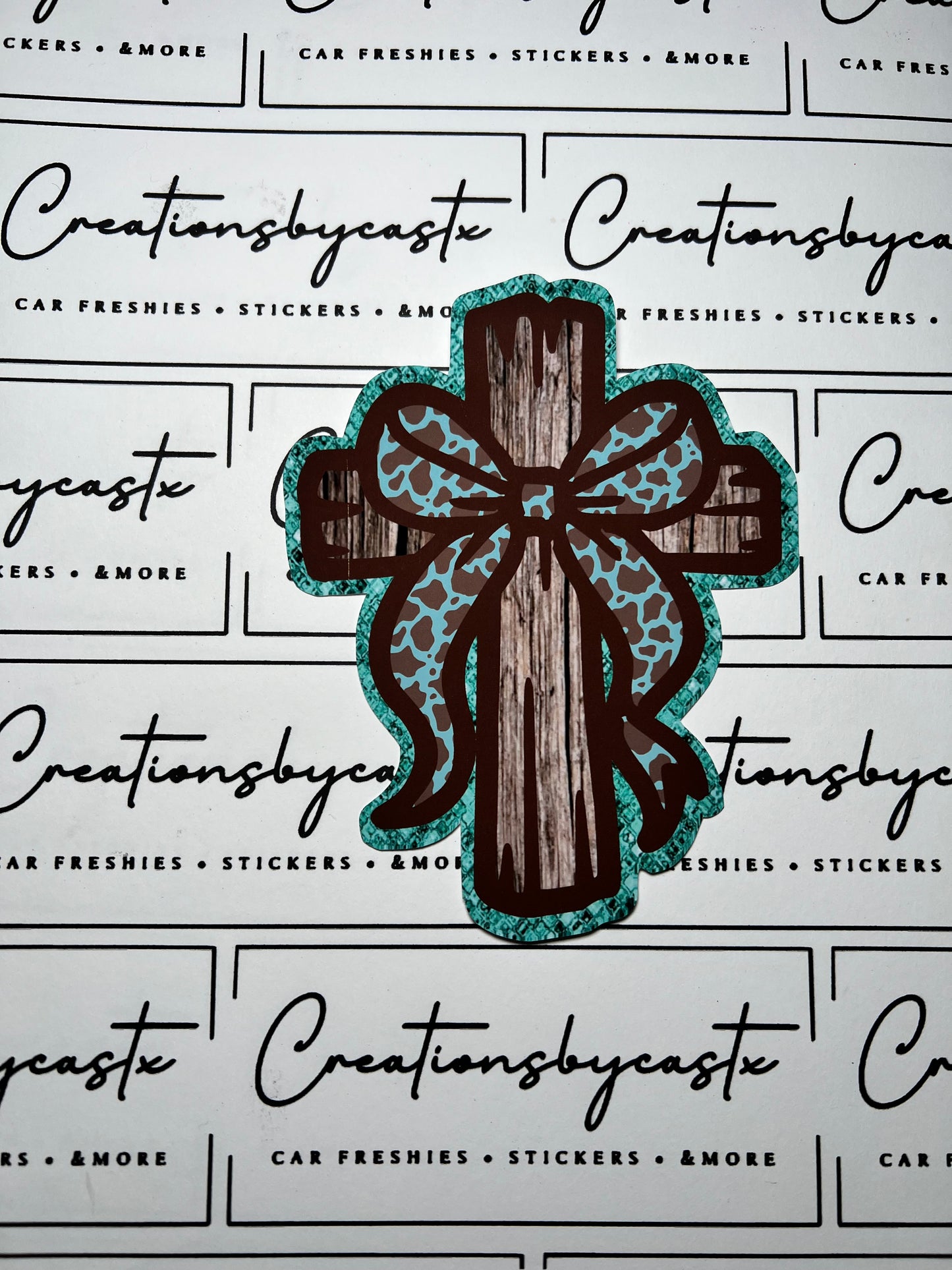 LPF Teal Cow Print Cross w/Bow Cardstock