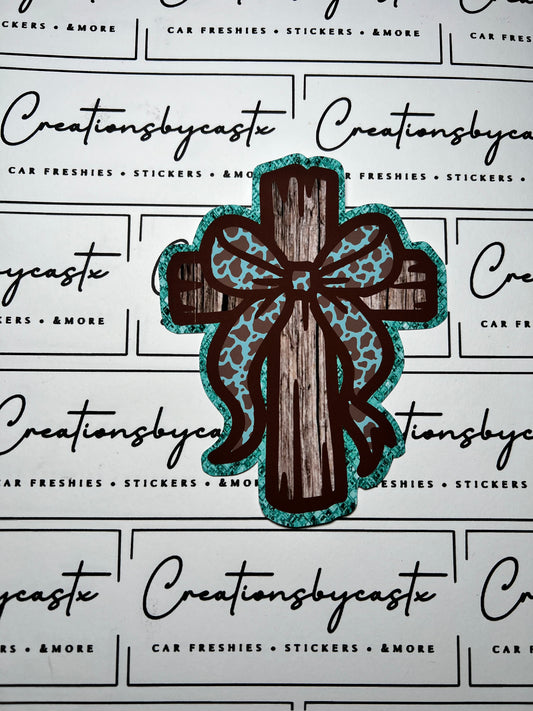 LPF Teal Cow Print Cross w/Bow Cardstock