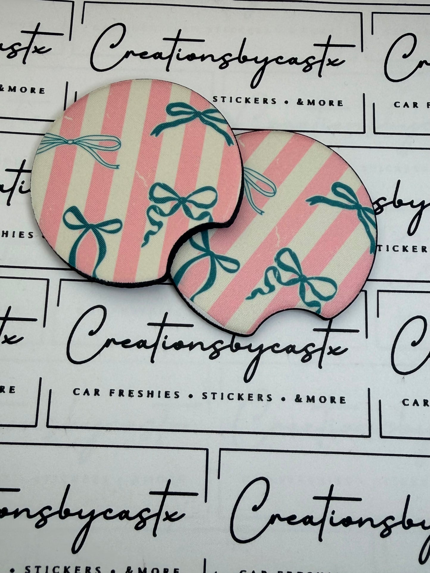 Blue Bows Pink Stripes Car Coasters
