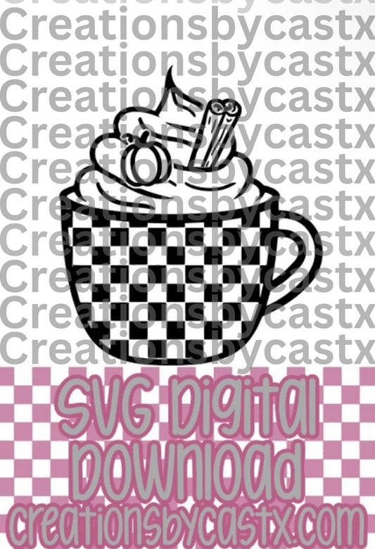 Checkered Mug w Cinnamon and Pumpkin SVG