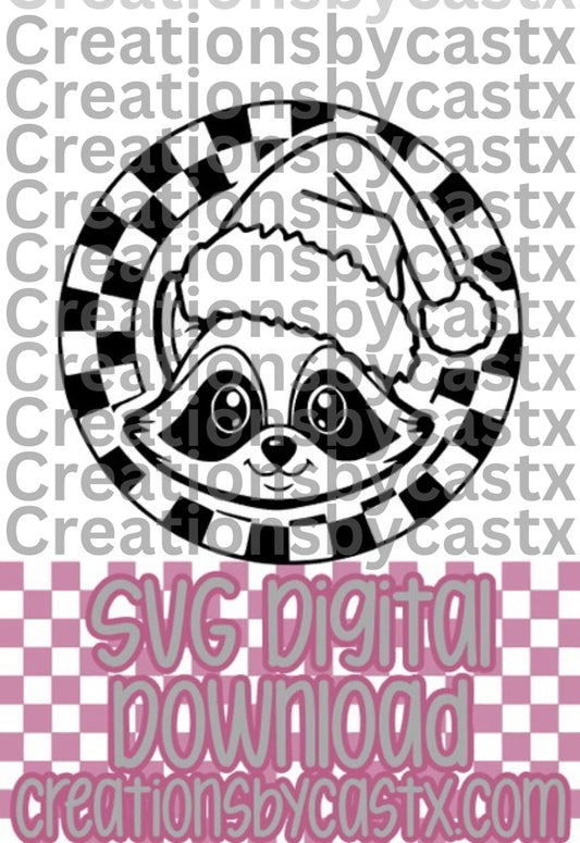 Raccoon Santa Hat Checkered Circle SVG